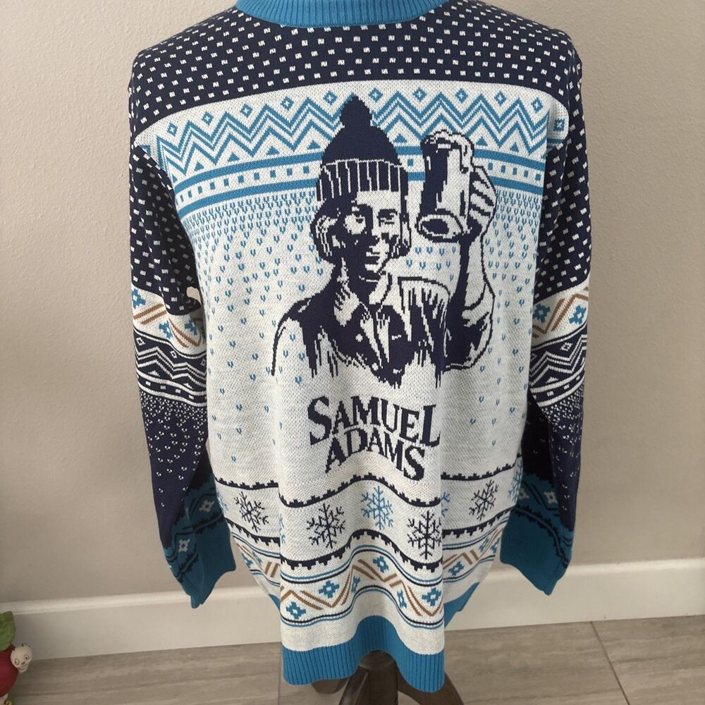 Samuel Adams Beer Shinesty Ugly Christmas Sweater Blue Crew Neck Men’s Size XL
